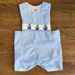 Boys Smocked Sail Boat Blue Gingham Embroidered Romper